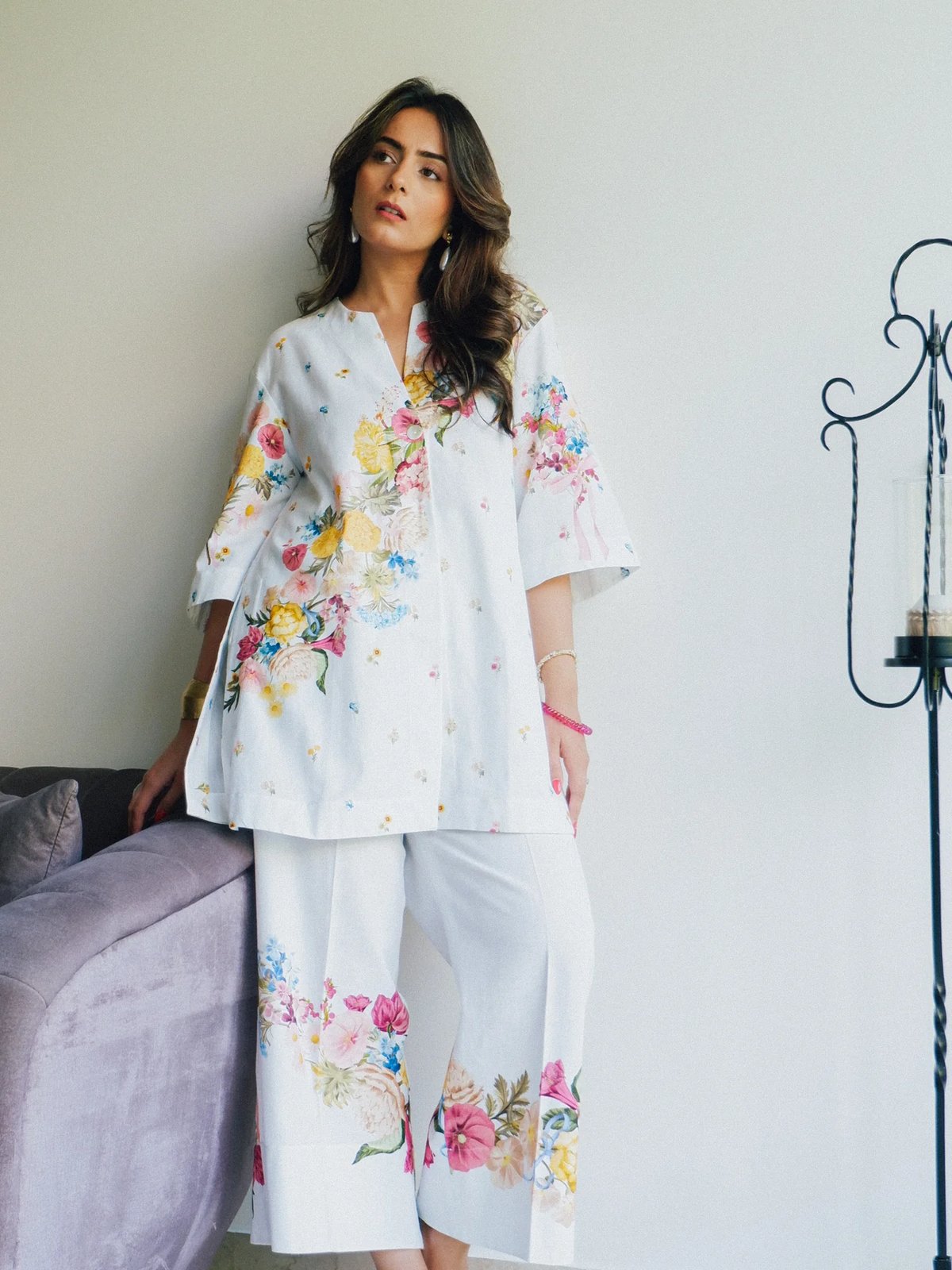 White Floral Kurta Shirt and Trouser Set