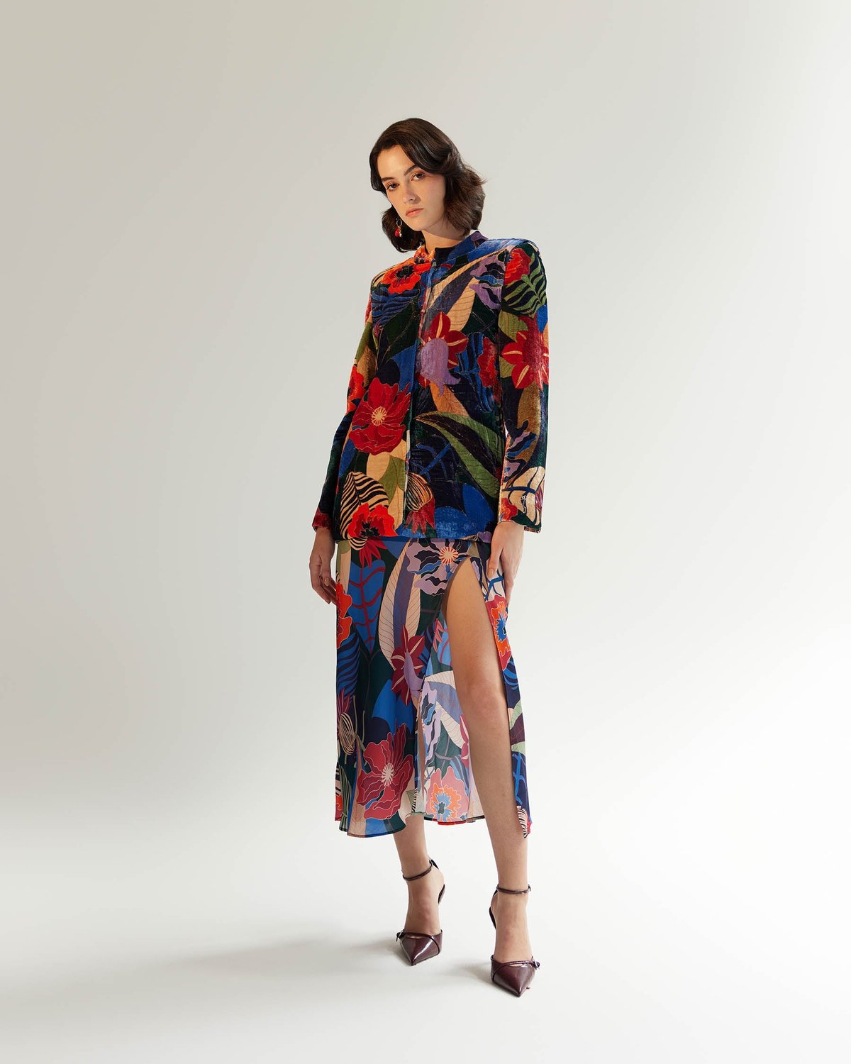 Black Floral Printed Velvet Mandarin Collar Jacket