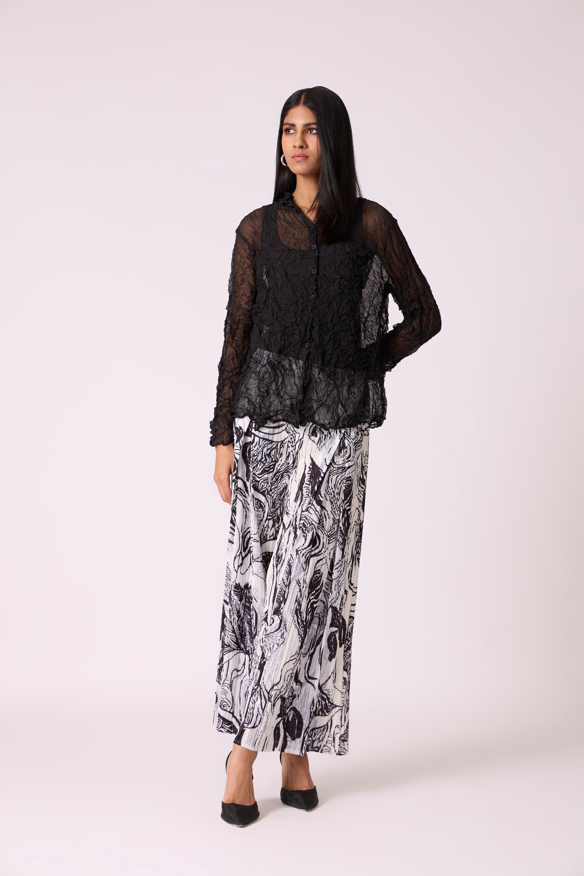 Monochrome Sheer Pleated Shirt and Printed Pants Co-ord Set