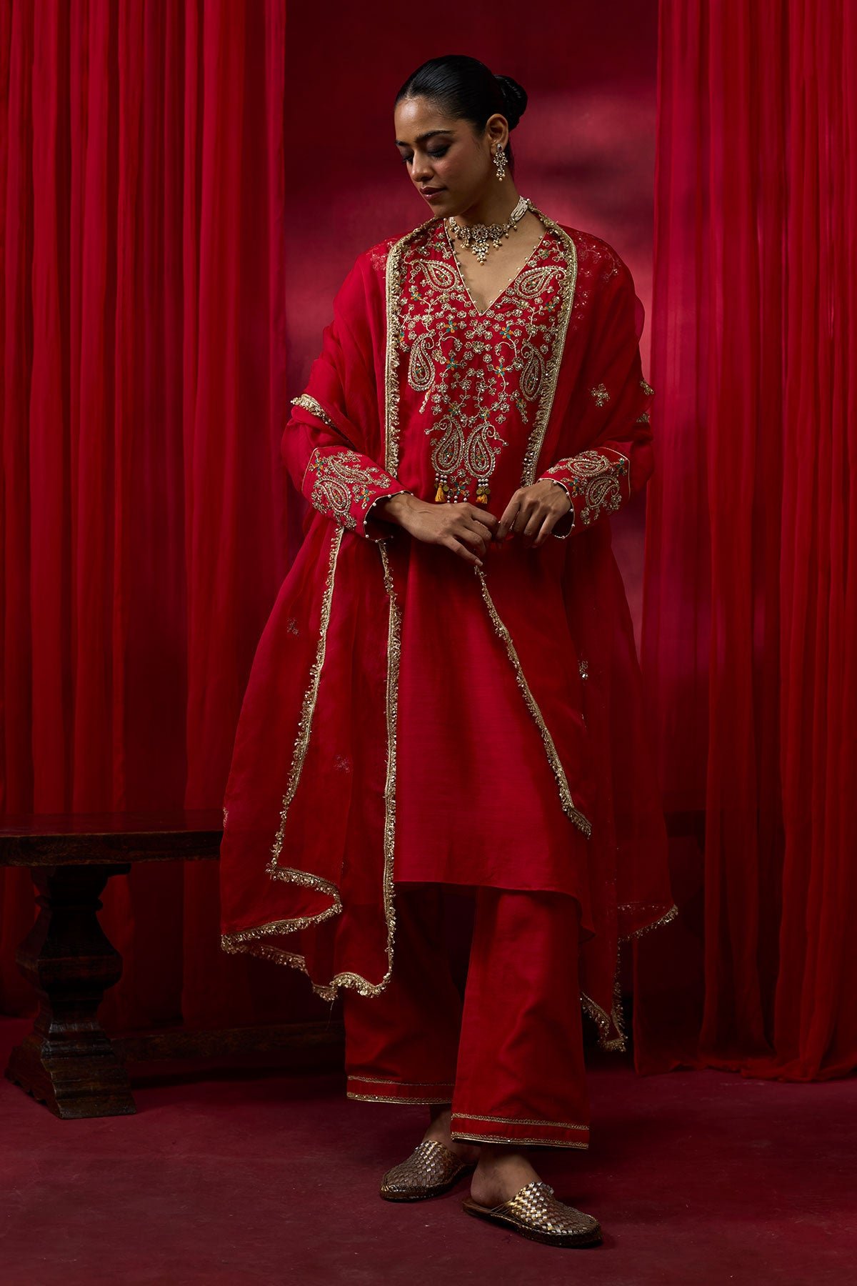Red Silk Chanderi Embroidered A-Line Kurta Set