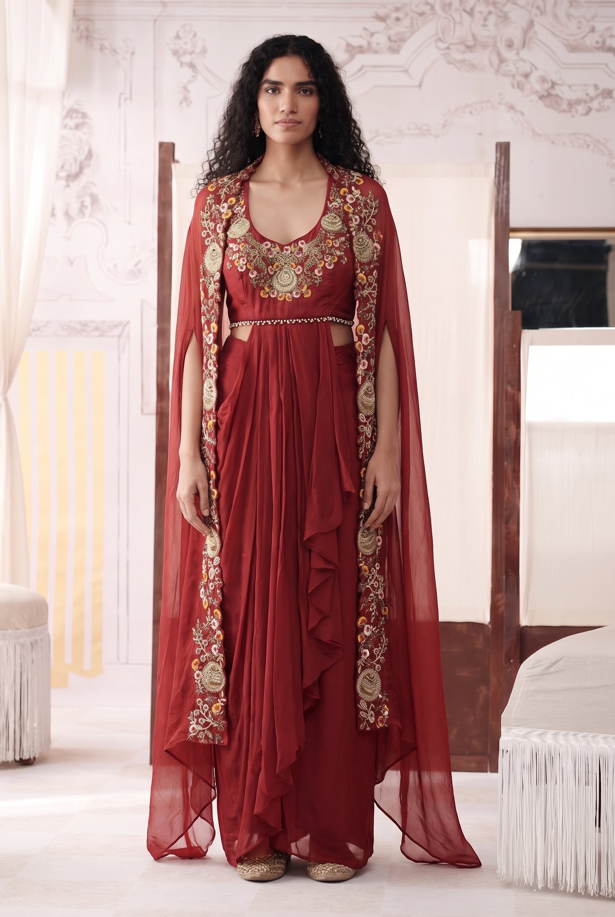 Burgundy Embroidered Floral Cape Set