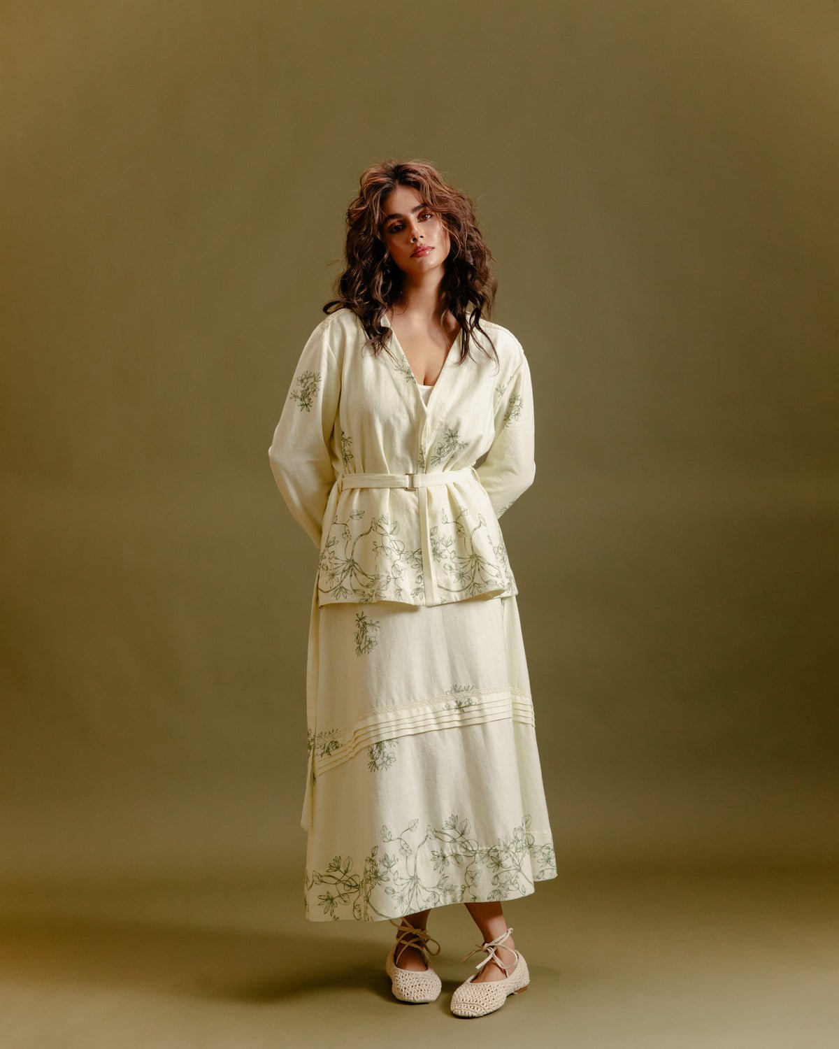 Buttery Yellow Khadi A-Line Maxi Skirt with Lace Inserts
