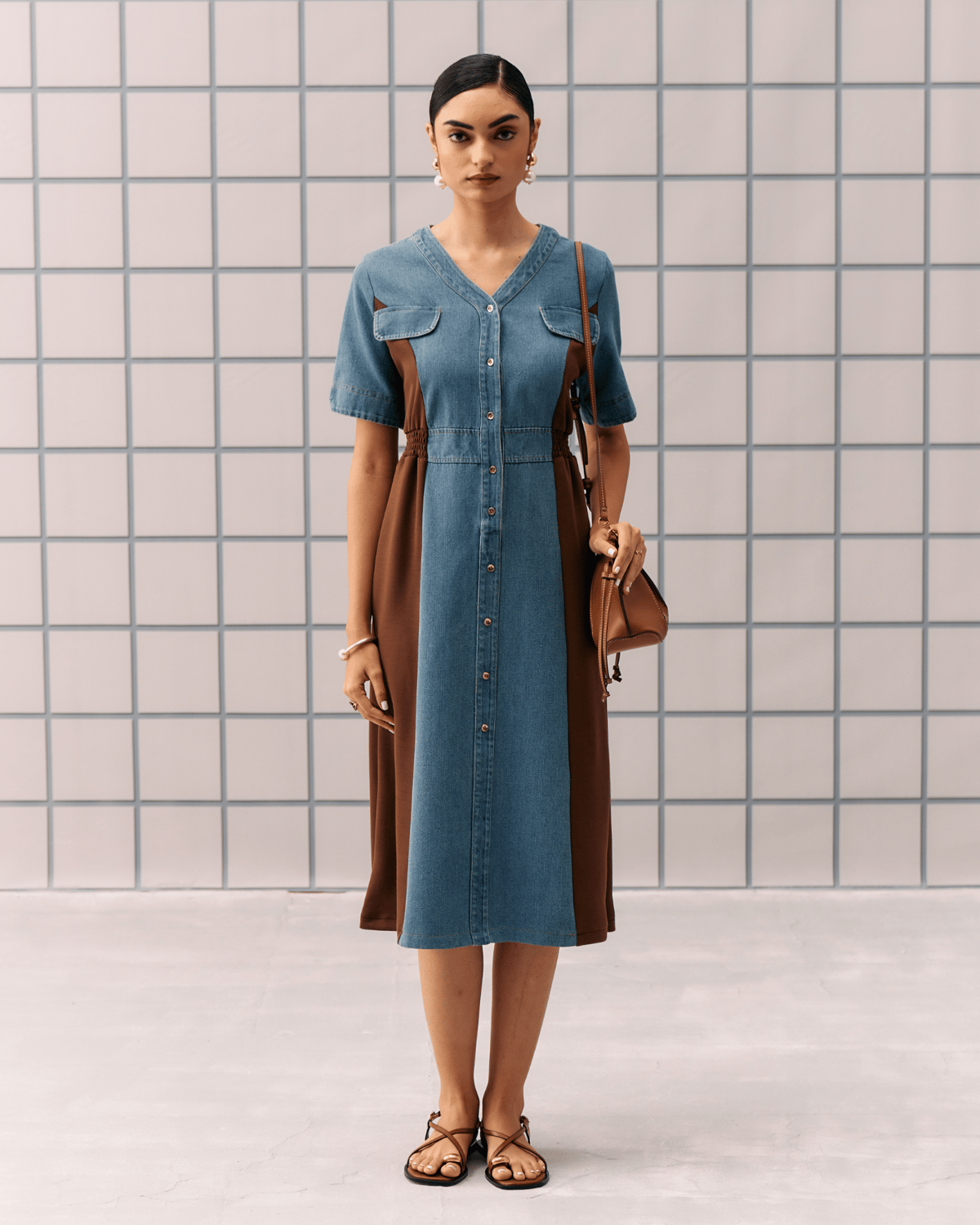 Brown and Denim Colorblocked Button-Front Midi Dress