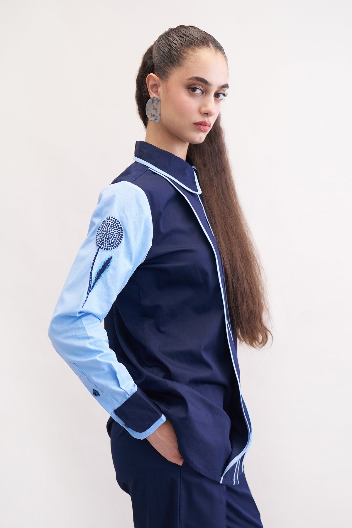 Navy and Blueberry Colorblocked Cotton Satin Shirt
