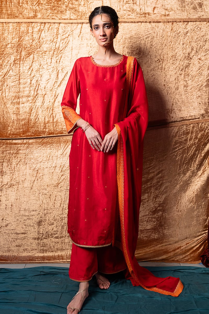 Red and Orange Raw Silk Embroidered Kurta Set