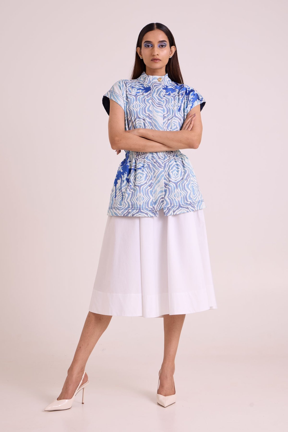 Ivory and Blue Abstract Print Midi Dress Set