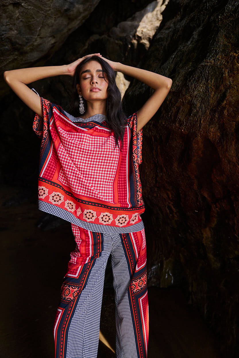 Multicolour Scarf Print Draped Kaftan-Style Top