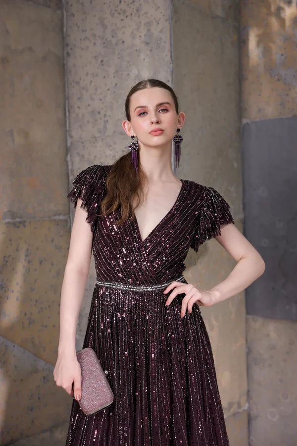 Blackberry Sequin Gown with Tiered Sleeves