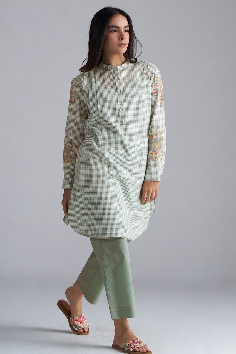Granite Green Mini-Check Cotton Co-ord Set with Embroidered Sleeves