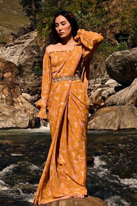 Yellow Jungle Print Pre Draped Saree