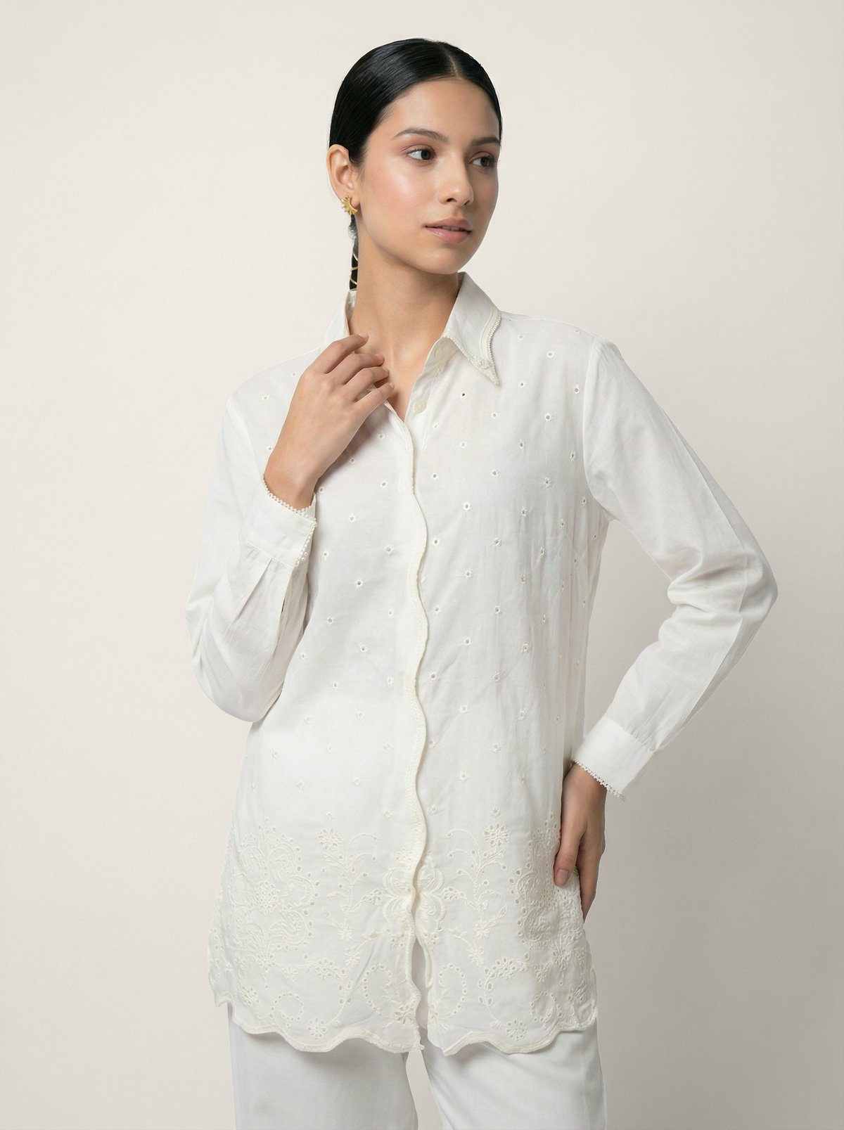 White Schiffli Shirt and Wide-Leg Pants Co-ord Set