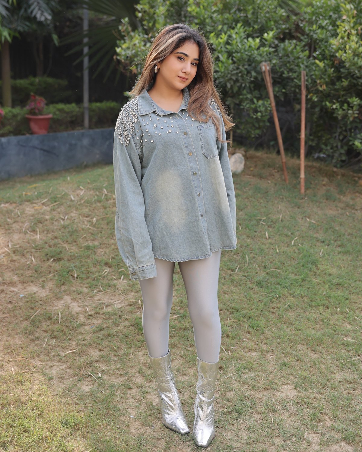 Grey Oversized Denim Shirt with Stone Embellishment