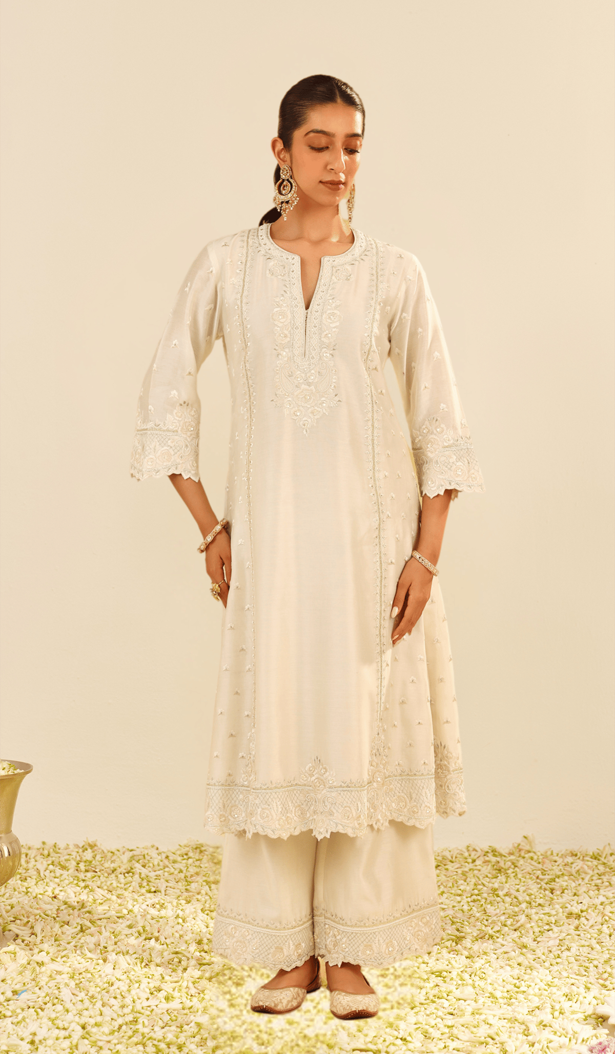 Daisy Ivory A-Line Embroidered Kurta Set with Palazzo