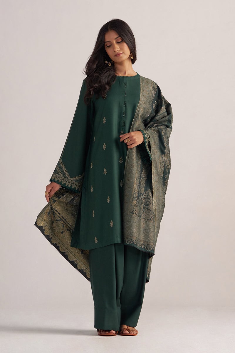 Pine Grove Embroidered Pashmina Kurta Set with Dupatta