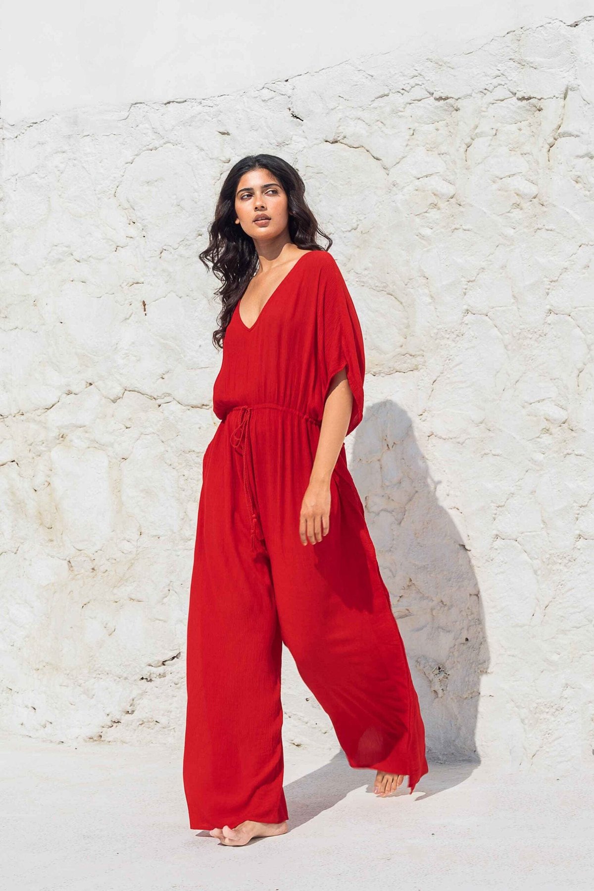 Red Kaftan-Style V-Neck Wide-Leg Jumpsuit