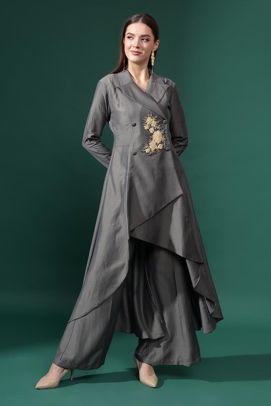 Grey Cotton Silk Embellished Tunic and Pant Co-ord Set