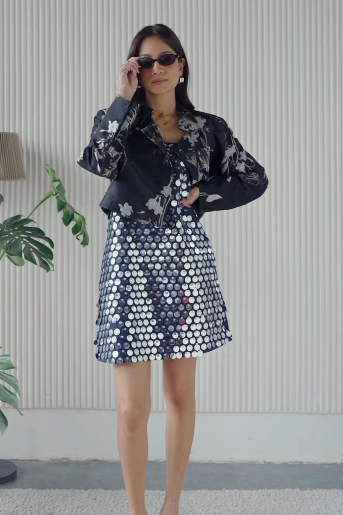 Dark Navy Sequin Denim A-Line Mini Dress