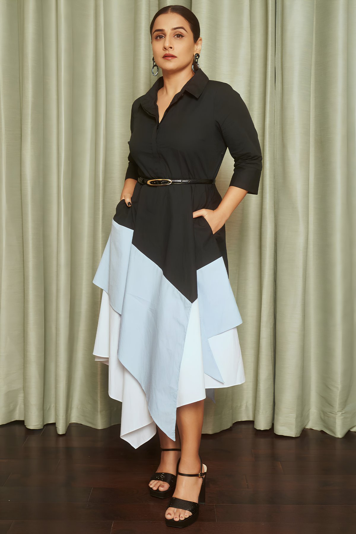 Black and Sky Blue Colorblock Belted Midi Shirt Dress