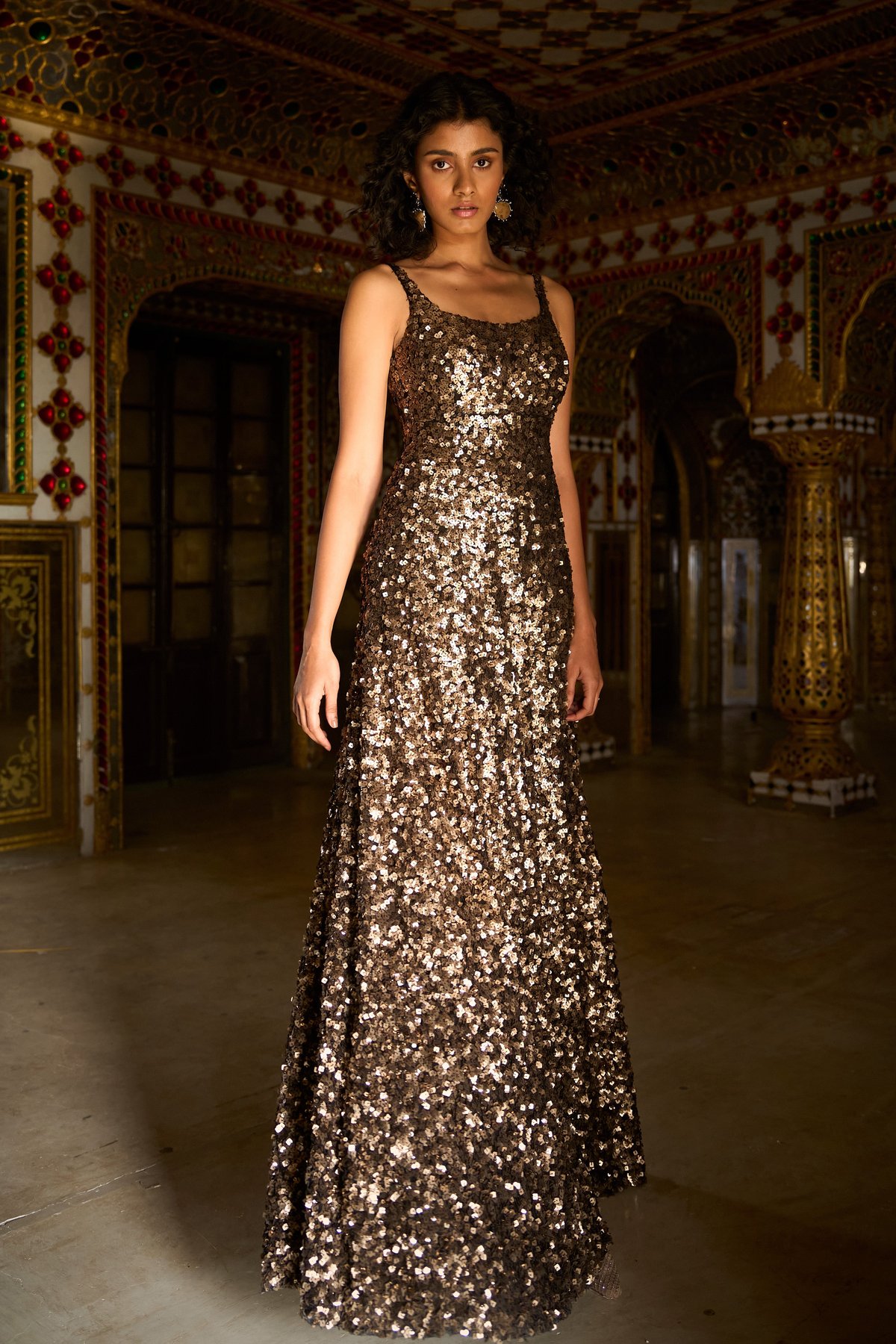 Brass All-Over Sequin Maxi Gown