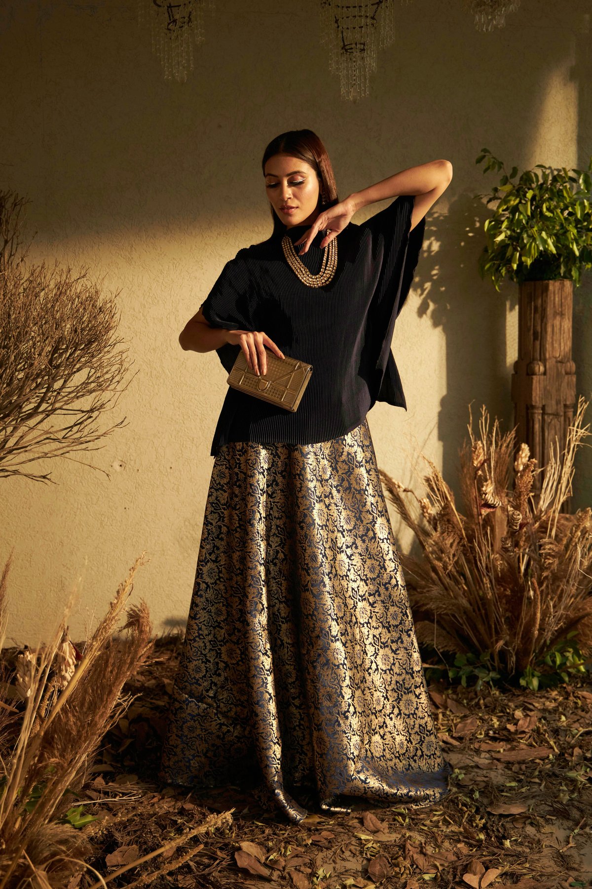 Black Cape Top and Brocade Maxi Skirt Co-ord Set