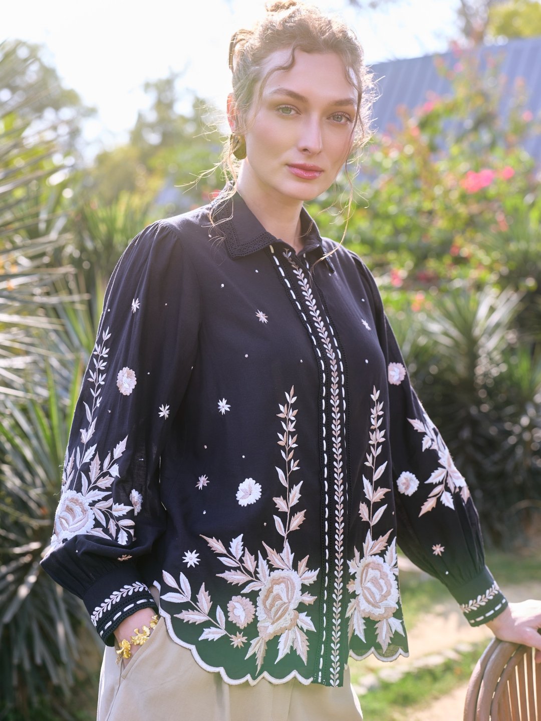Black Embroidered Cotton Shirt with Scalloped Hem
