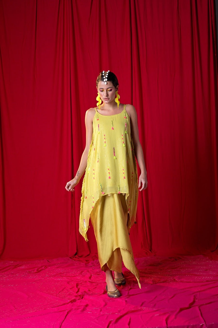 Lime Green Shimmer Tunic and Draped Maxi Skirt Co-ord Set