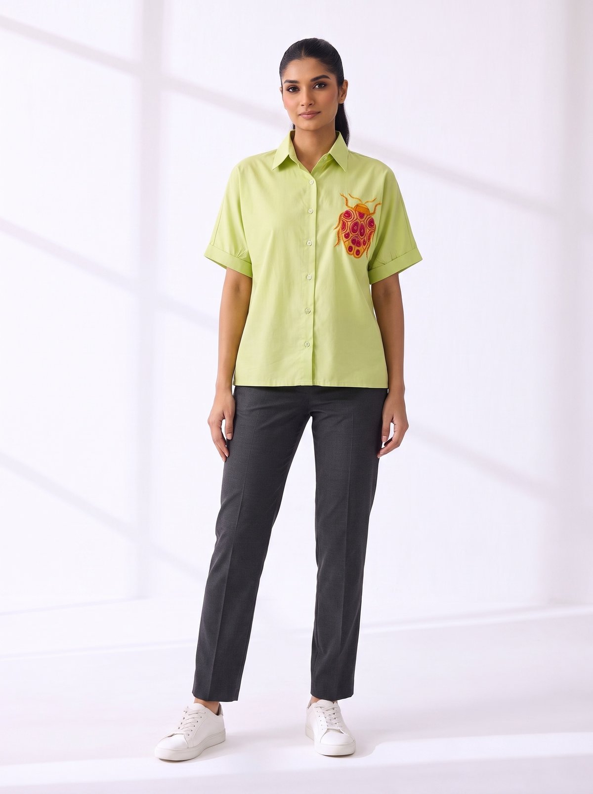 Lemon Green Cotton Shirt with Embroidered Chest Motif