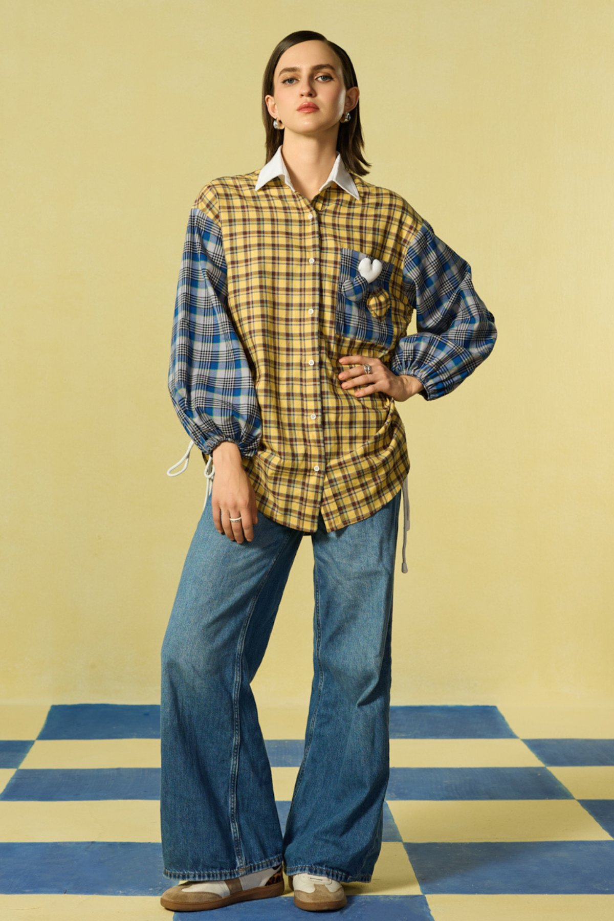 Yellow and Blue Mixed-Check Oversized Shirt