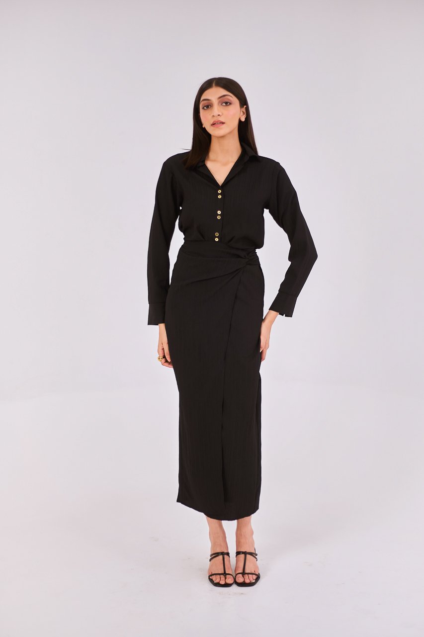 Black Ribbed Stretch Midi Wrap Shirt Dress