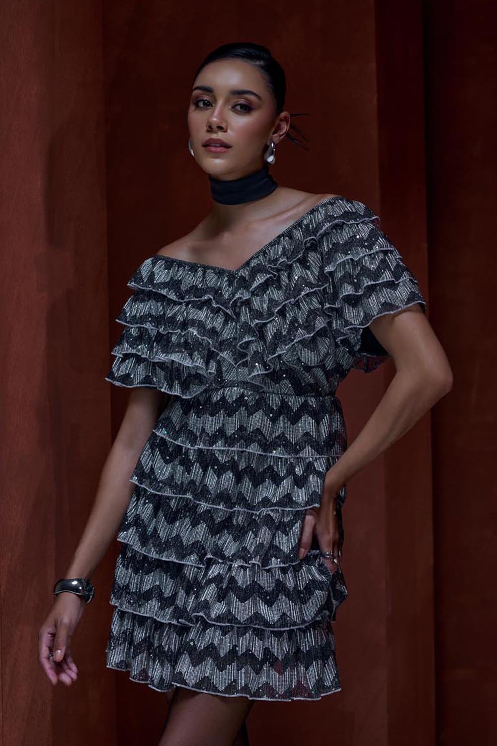 Black and Silver Off-Shoulder Metallic Ruffled Mini Dress