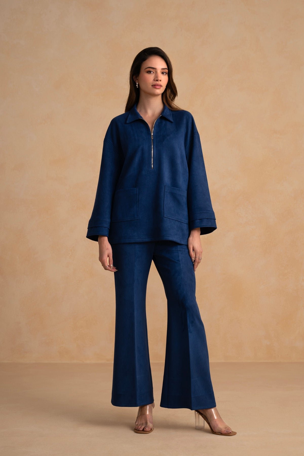 Navy Suede Half-Zip Top and Flared Pants Co-ord Set