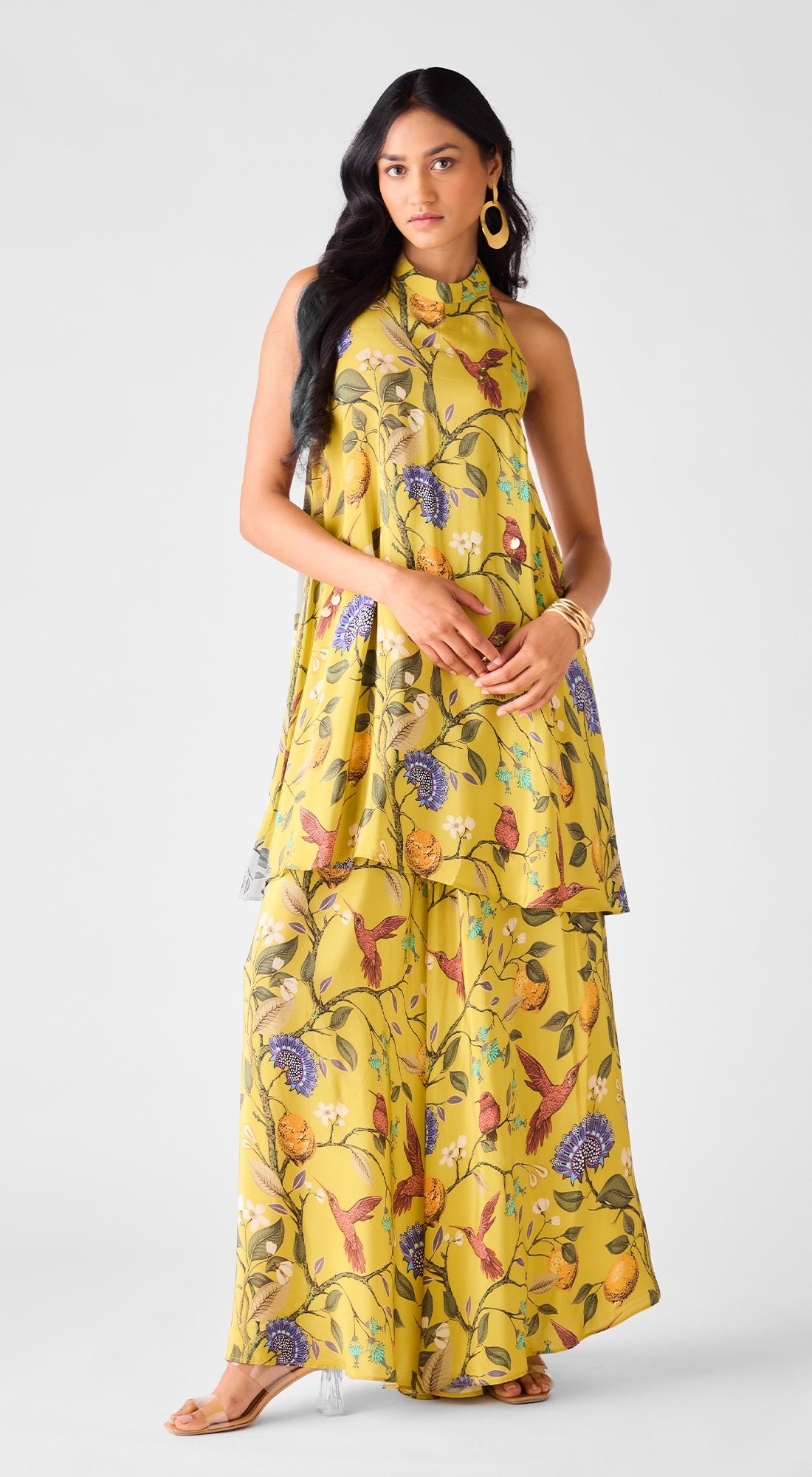Lime Crepe Halter Neck Printed Co-ord Set with Sharara