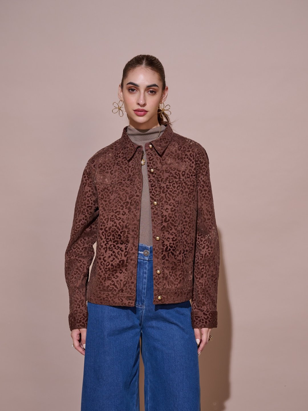 Brown Cheetah Print Velvet Jacquard Button-Front Jacket