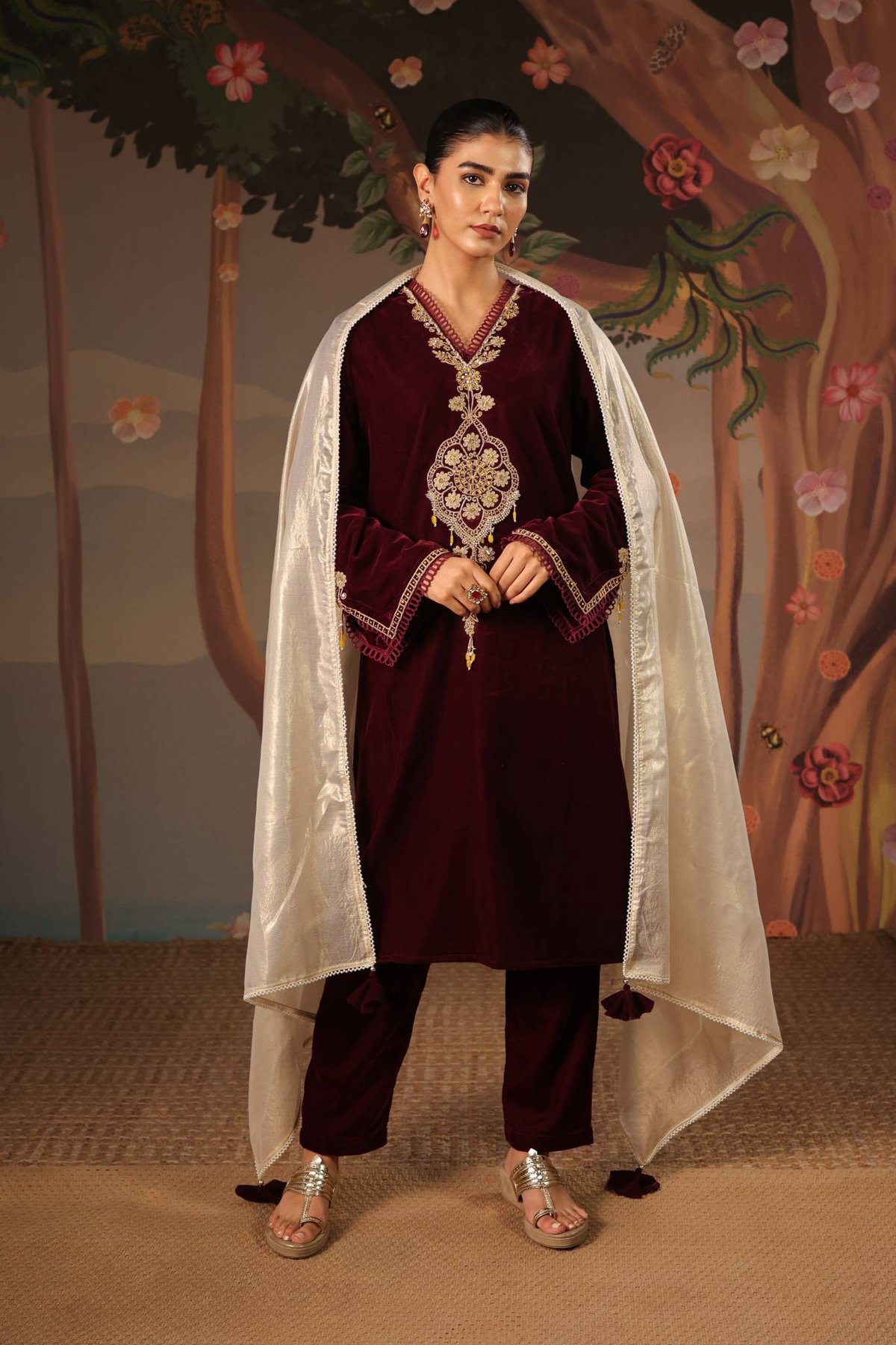 Wine Velvet Embroidered Straight Kurta Set with Dupatta