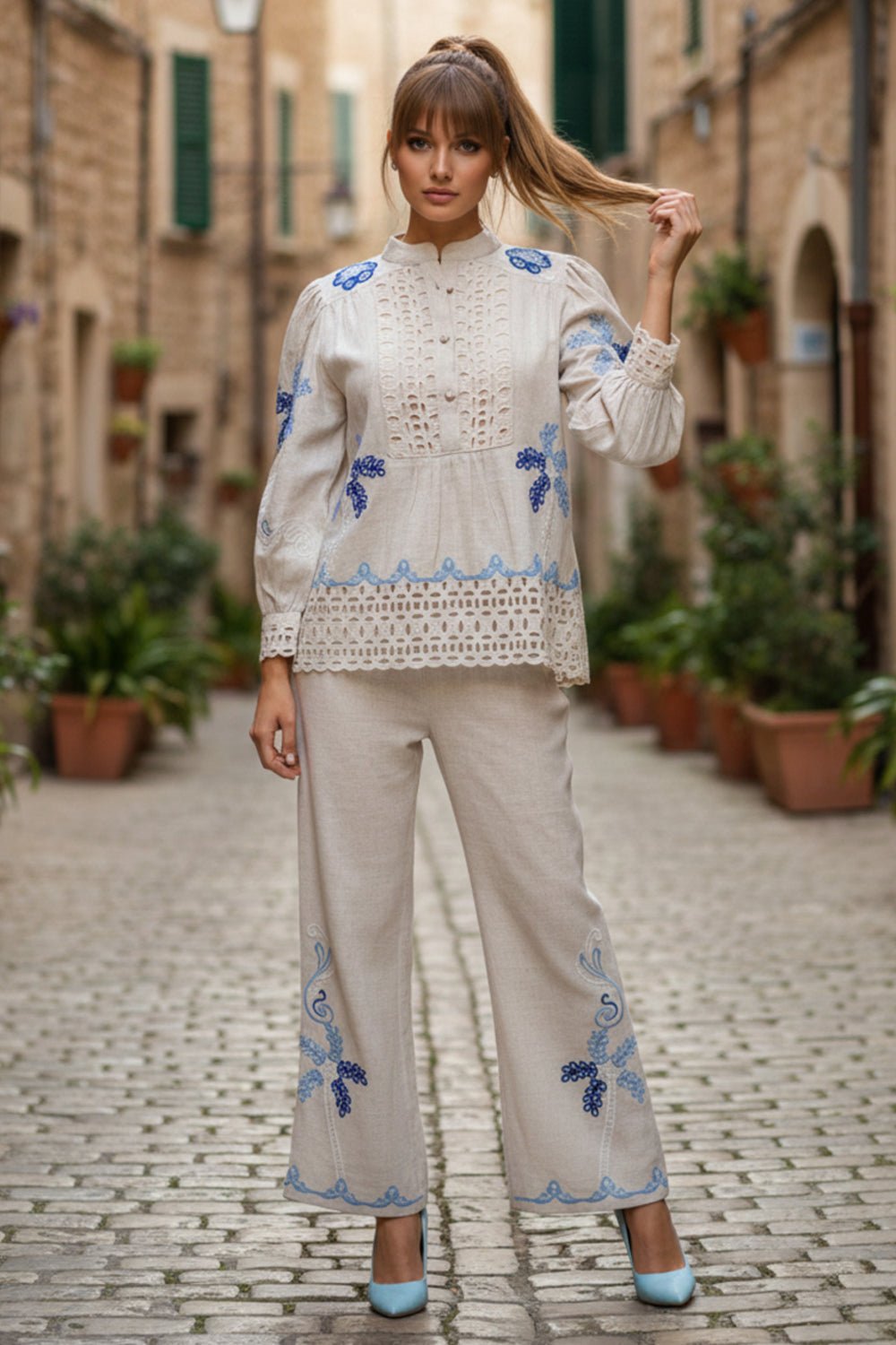 Cream Linen Embroidered Co-ord Set with Wide-Leg Pants