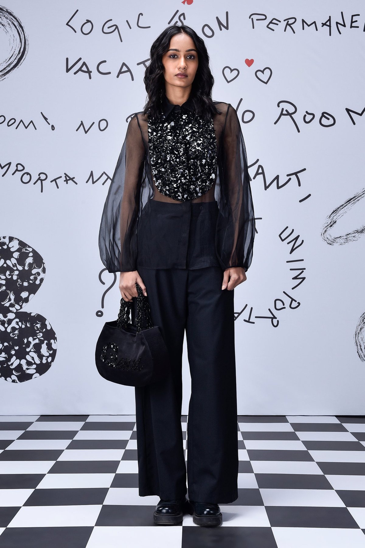 Black Sheer Organza Shirt with Sequin Front Panel
