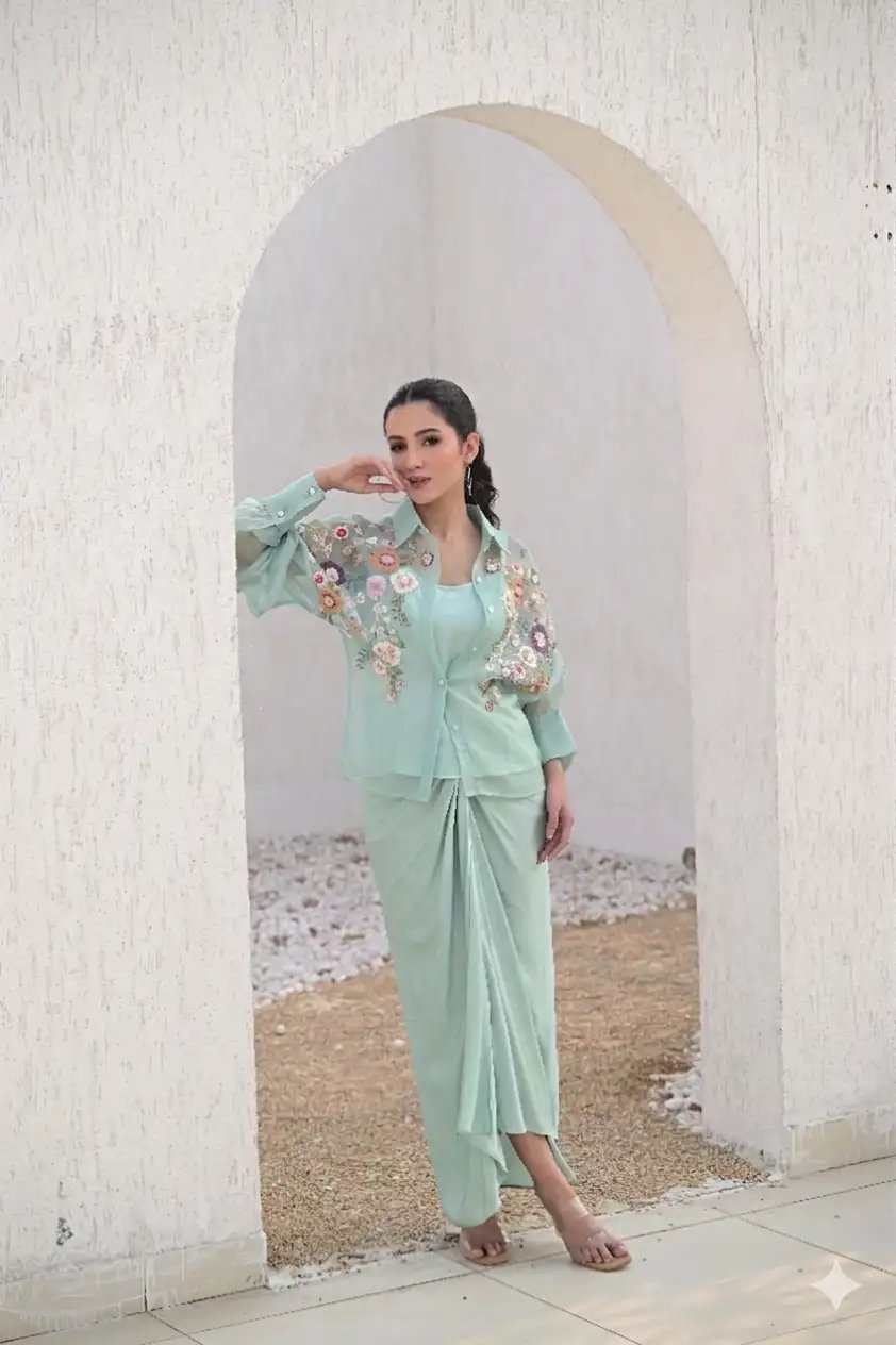 Sea Blue Embroidered Shirt and Draped Maxi Skirt Co-ord Set