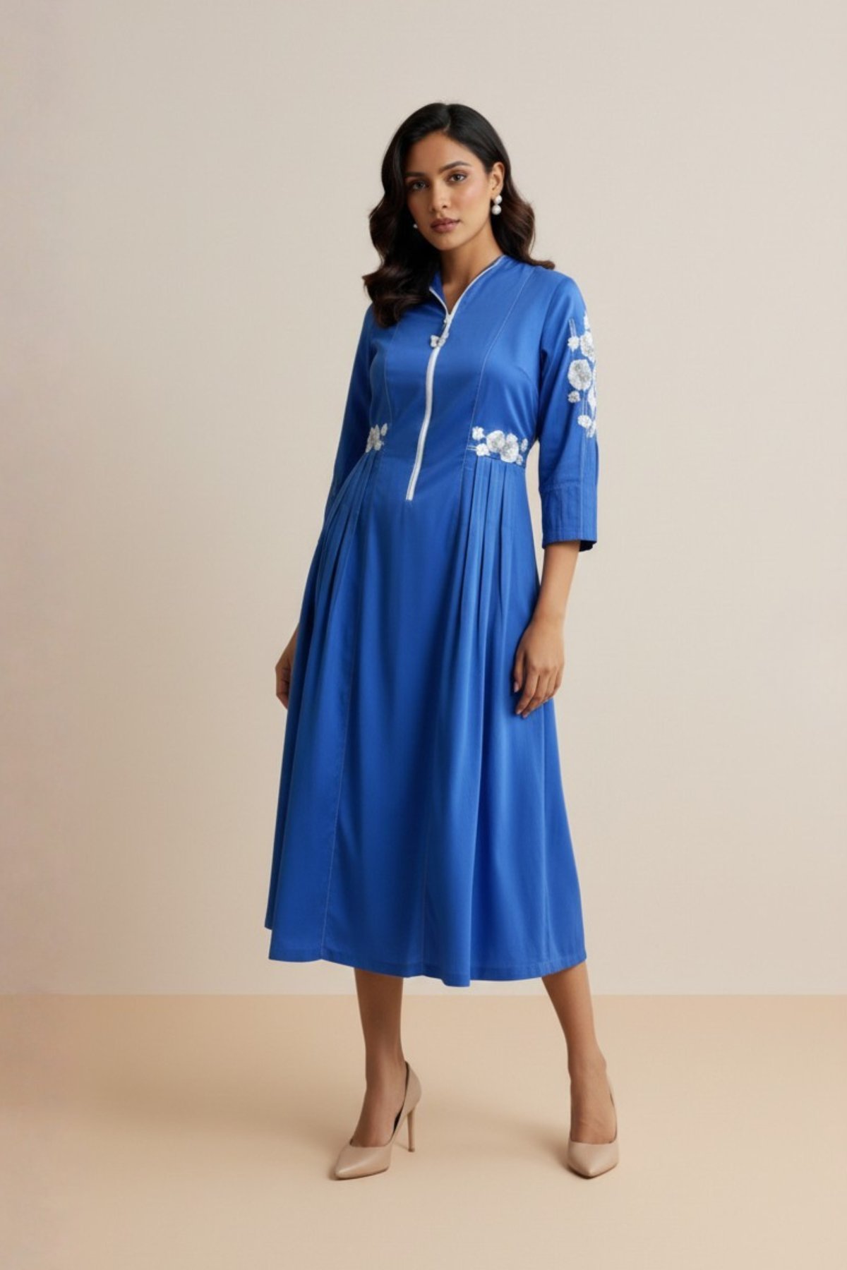 Cobalt Blue Zip-Front Fit & Flare Midi Dress