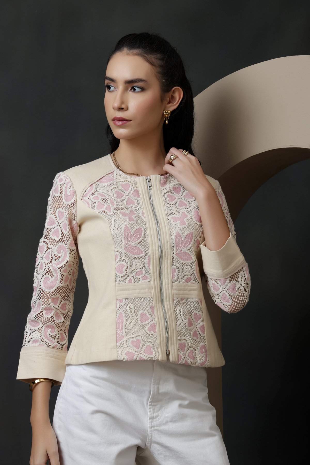 Ecru Denim Jacket with Pink Lace Panels
