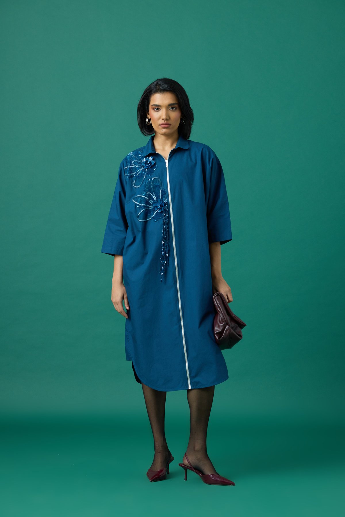 Teal Zip-Front Shirt Dress with Sequin Appliqué
