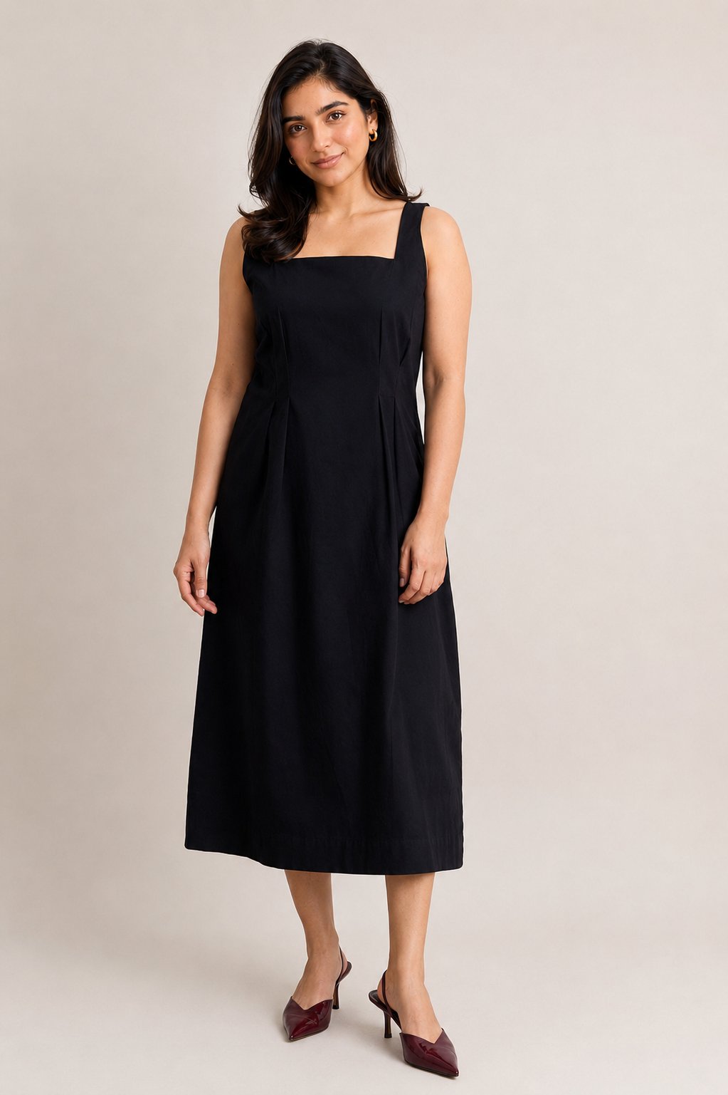 Black Cotton Square Neck Midi Dress
