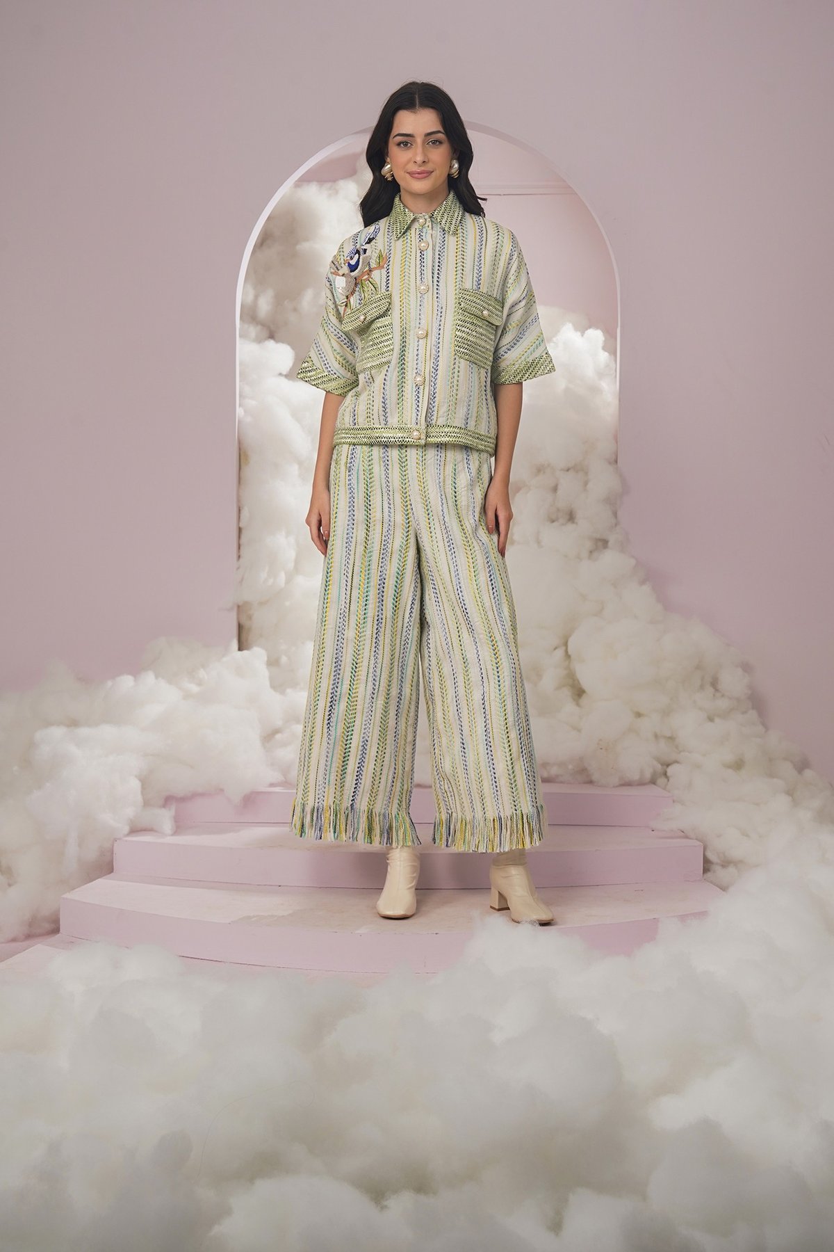 Green Striped Boxy Shirt with Embroidered Motif