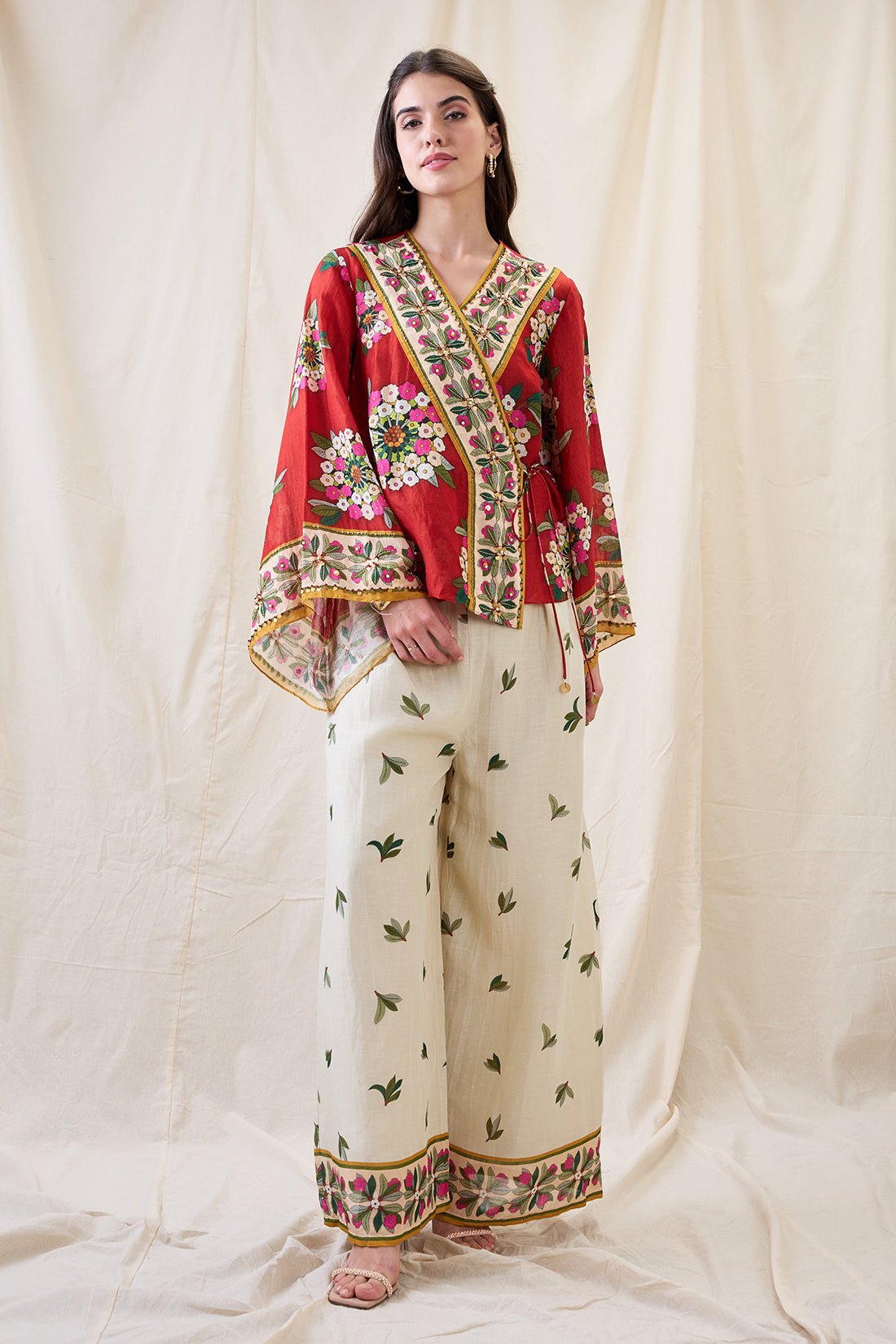 Red Angarkha Wrap Top and Beige Palazzo Co-ord Set