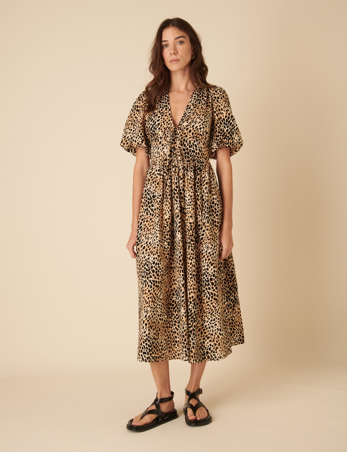 Brown Leopard Print V-Neck Puff Sleeve Midi Dress