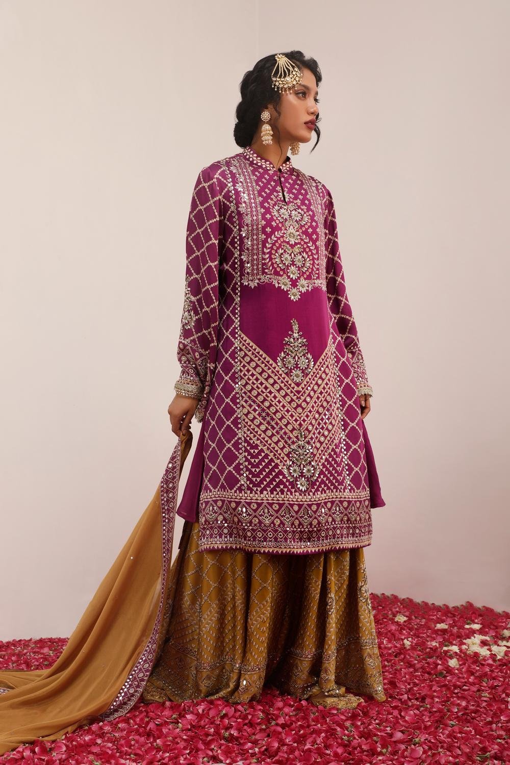 Purple and Mustard Mirror Work Printed Kurta Set