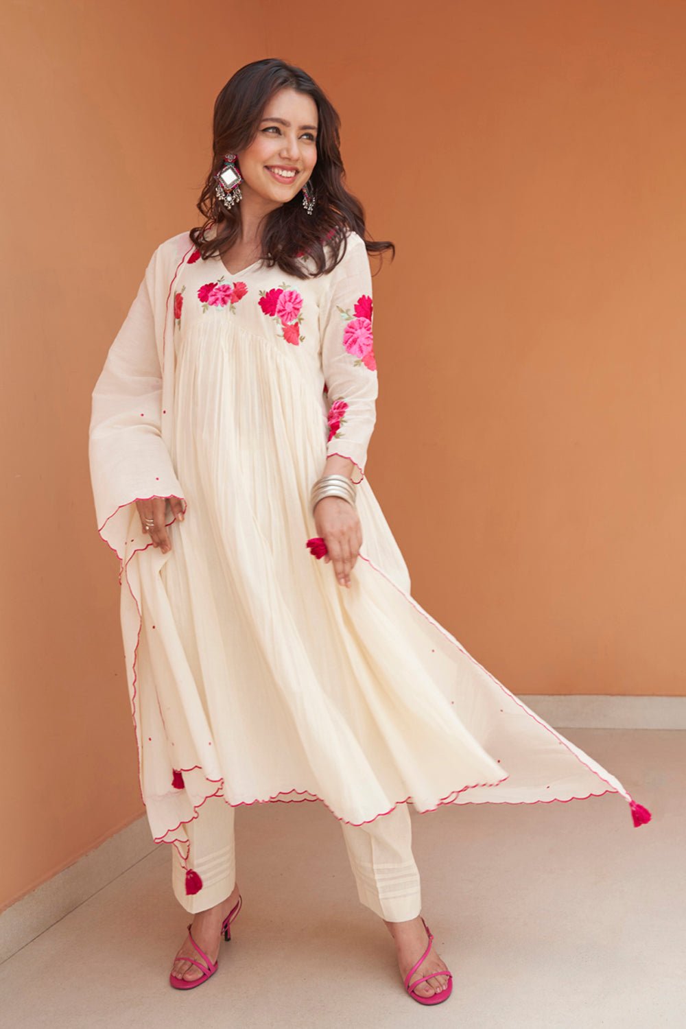 Cream Mul Mul Embroidered Flared Kurta Set with Dupatta