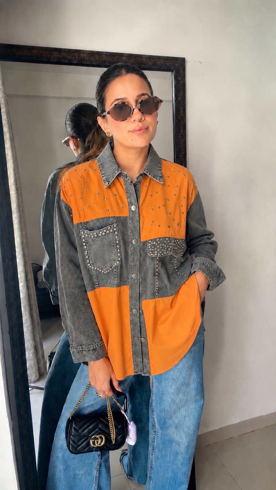 Studded Denim Contrast Statement Shirt