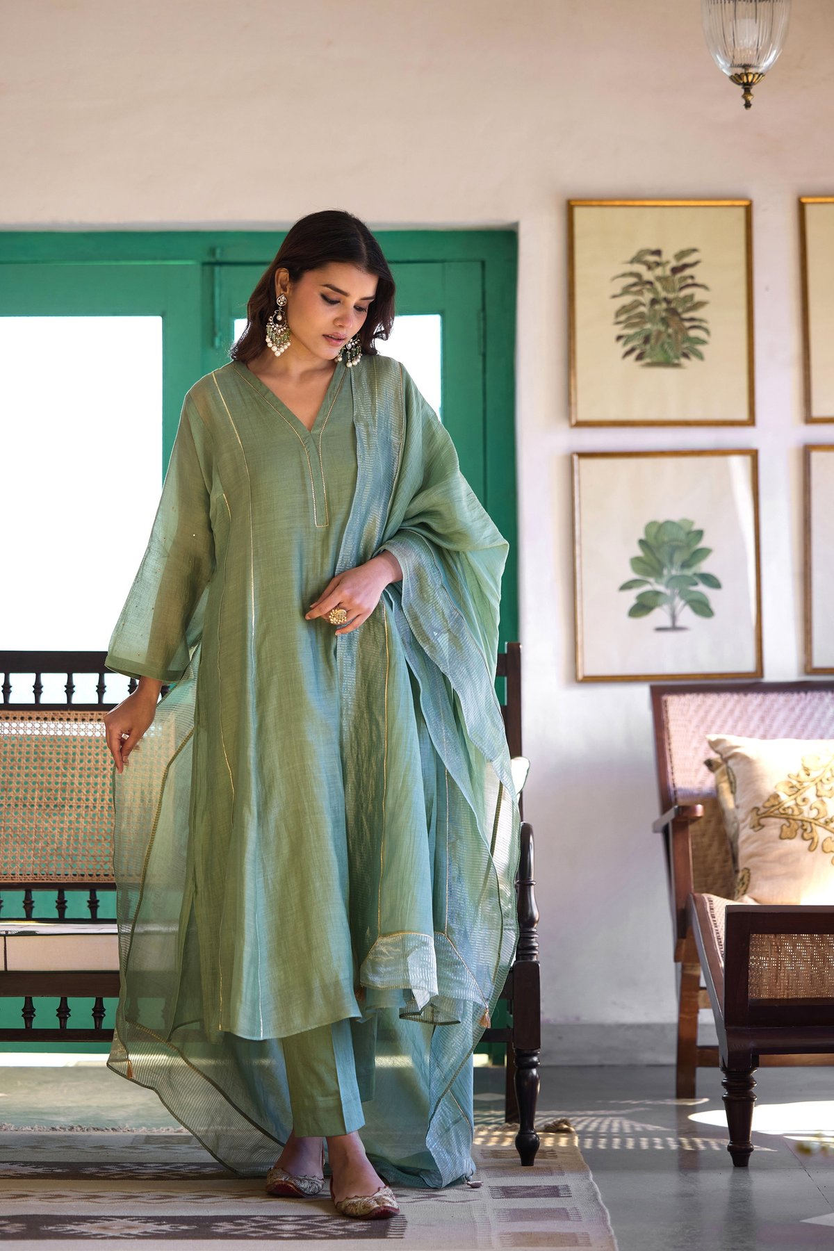 Sea Green Silk Chanderi V-Neck A-Line Kurta Set