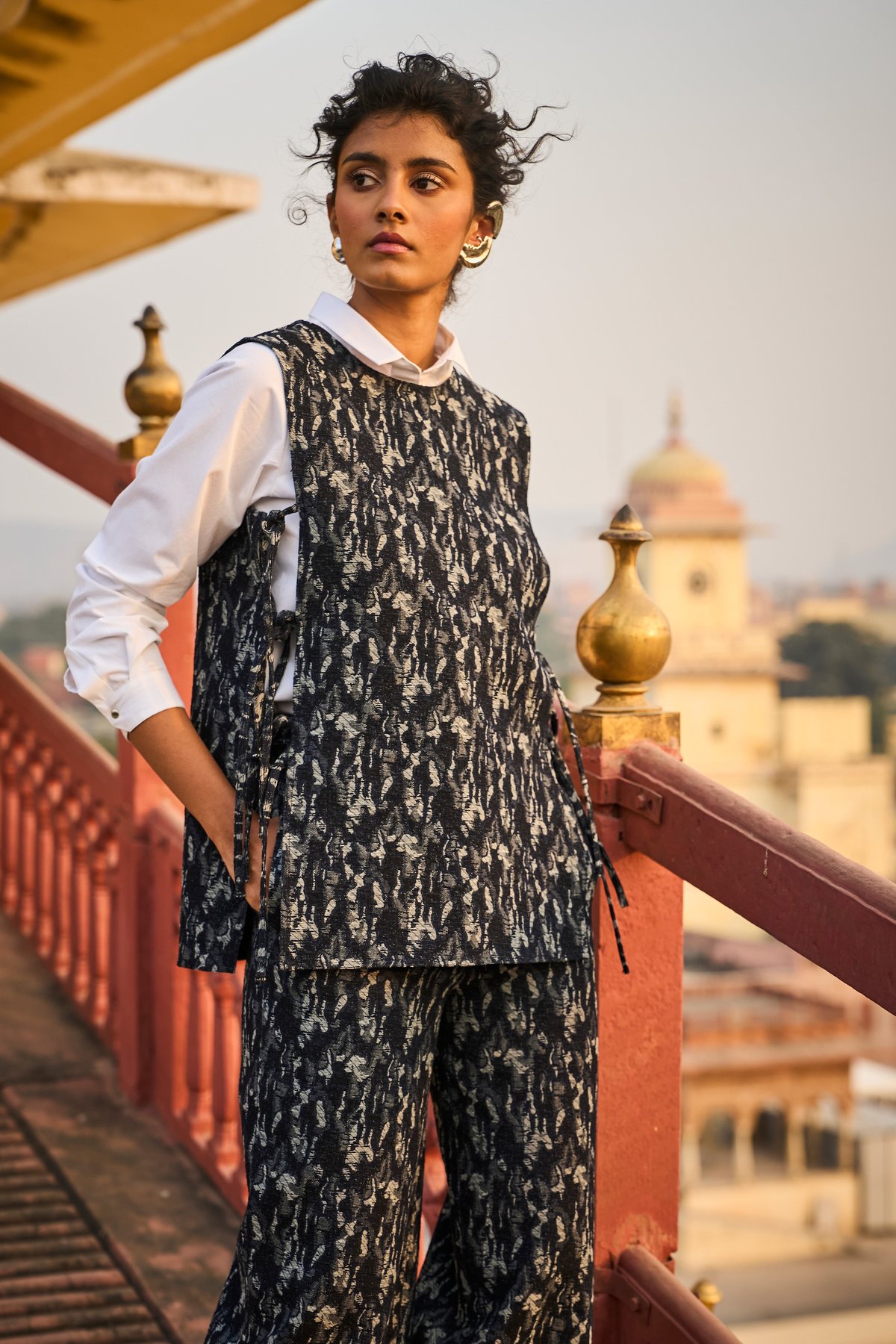 Dark Indigo Denim Jacquard Side-Tie Overlay Top