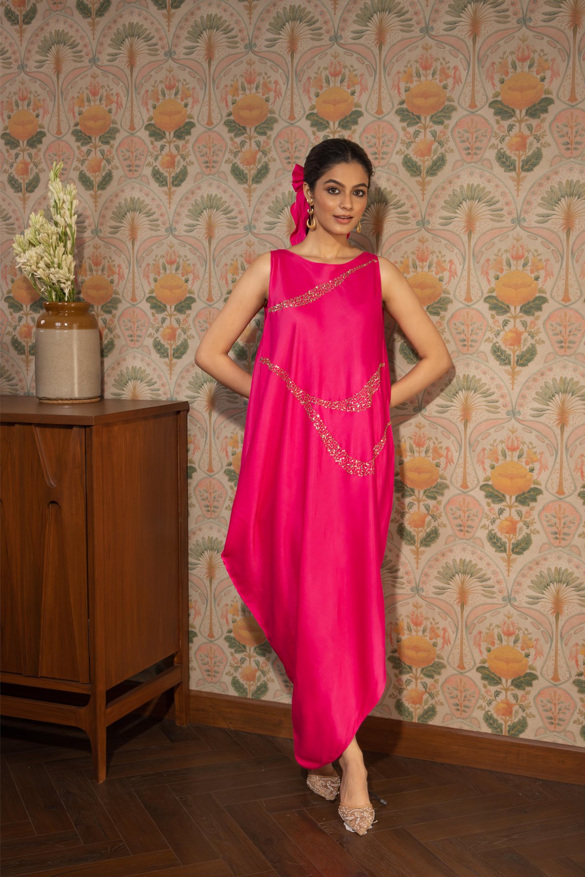 Hot Pink Satin Cowl Neck Maxi Dress with Sequin Trim